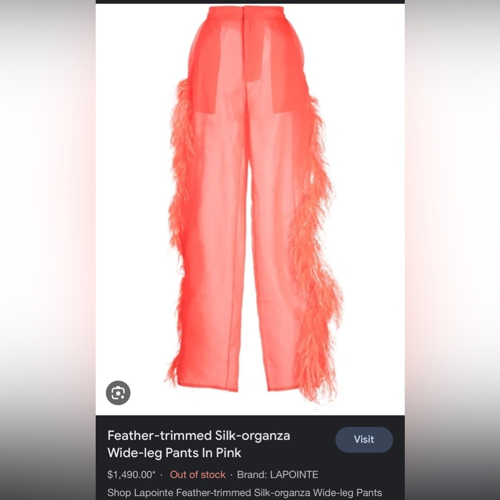 WORN ONCE Feather-trimmed Silk-organza Wide-leg Pants In Pink/Coral